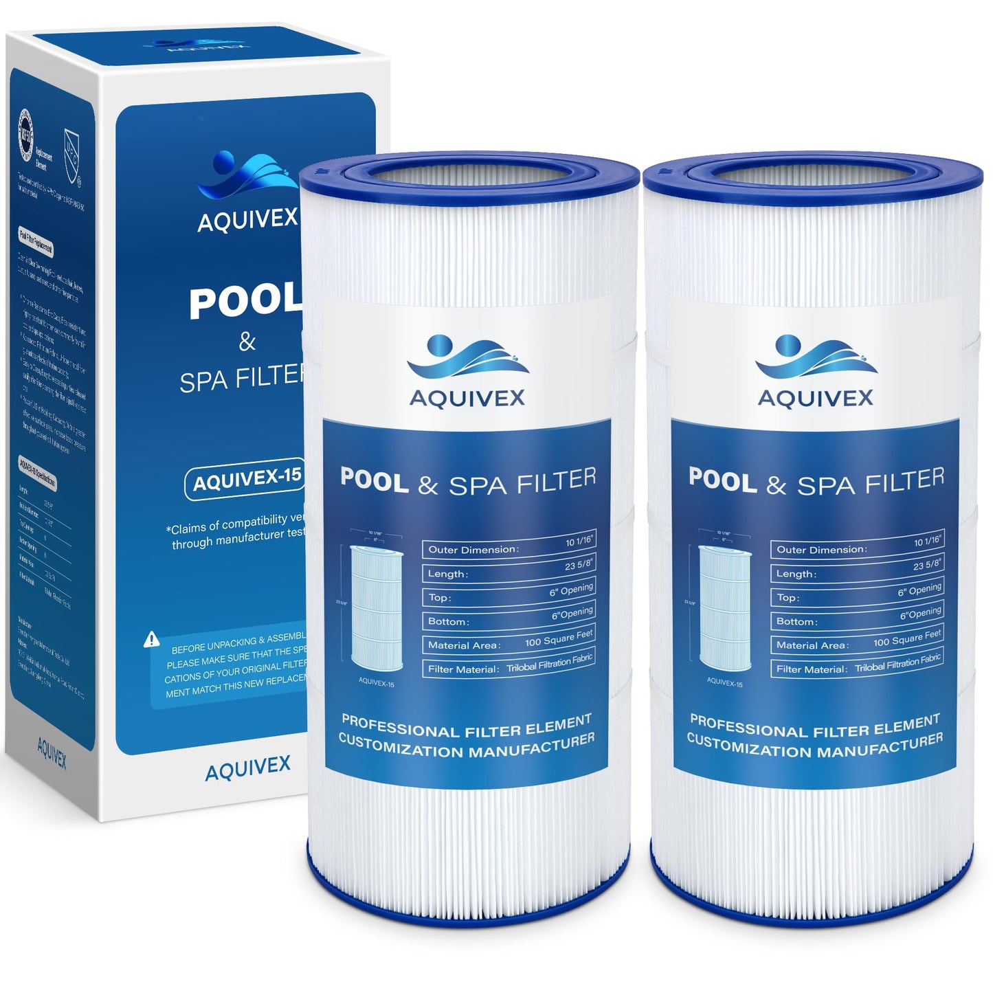AQUIVEX CCRP100 Pool Filter Cartridge, Compatible with Pentair Clean & Clear 100, 160316, EC-160316, Pentair Clean and Clear RP 100, 160354, EC-160354, R173215, Pleatco PAP100, Unicel C-9410, 2 Pack
