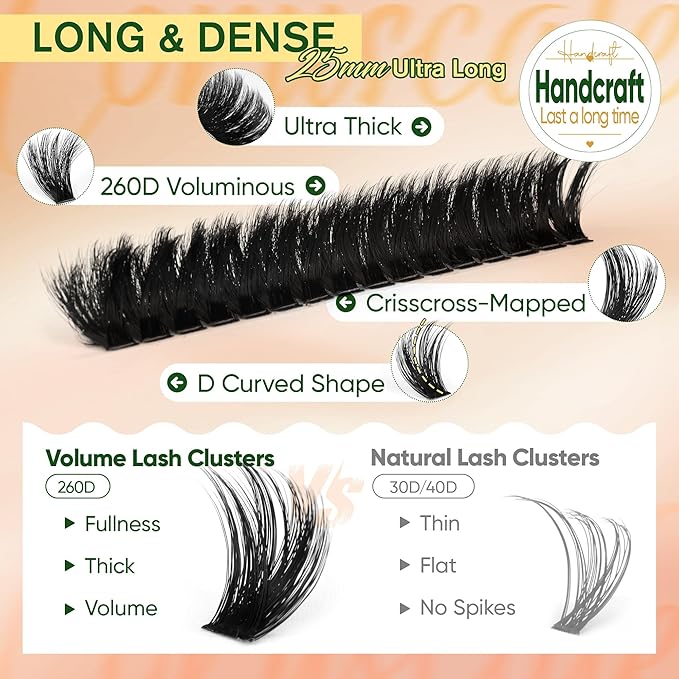 CORUSCATE 260D Lash Clusters with Bottom Lashes 8mm-25mm Mixed Lengths Mink Cluster Lashes Thick Individual Cluster Eyelash Extensions DIY Salon Look Dramatic Full Look Eyelash Clusters