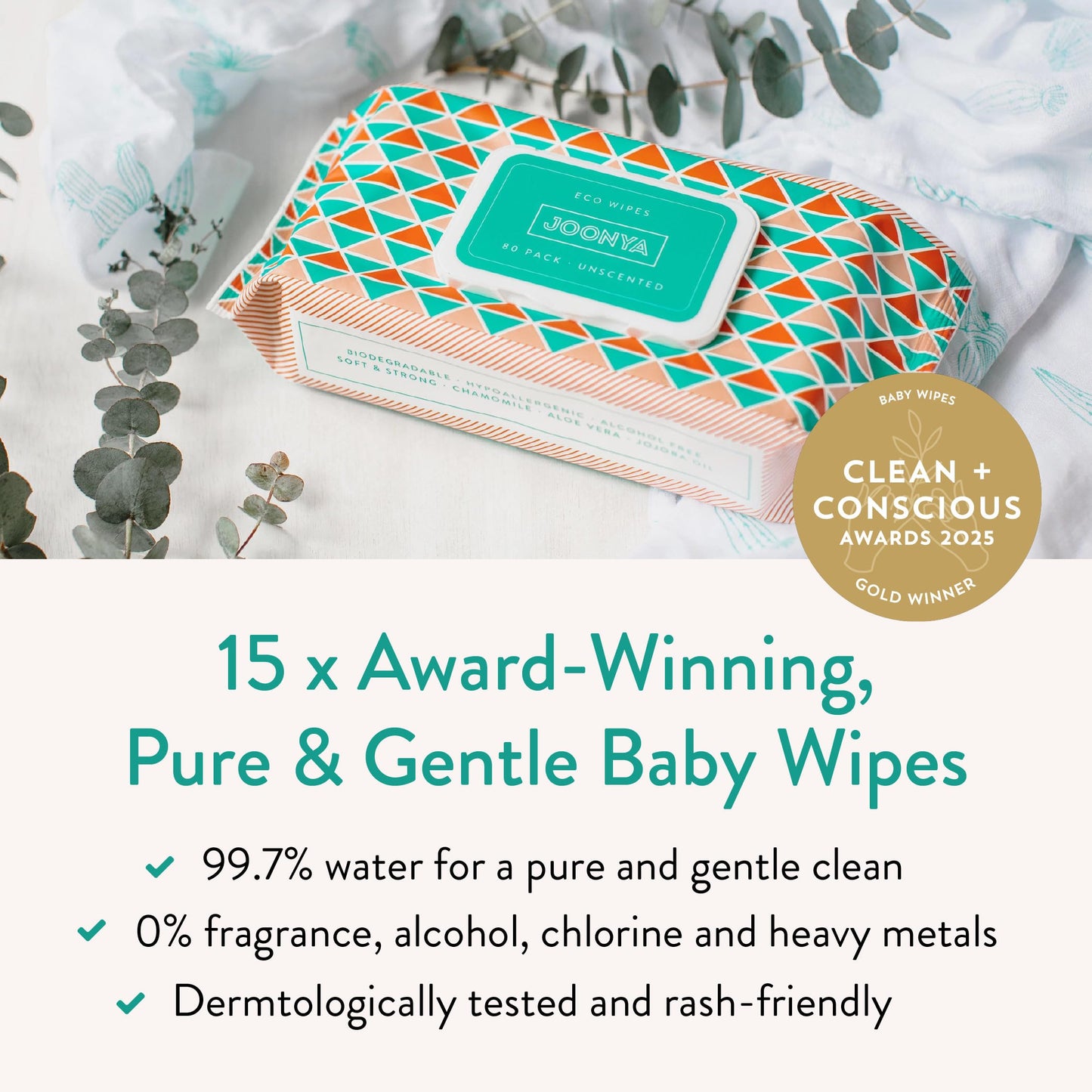 JOONYA Unscented Baby Wipes — Plant-Based, Fragrance-Free Bulk Diaper Wipes | Hypoallergenic, Non-Toxic & Biodegradable Wet Wipes for Sensitive Newborn Skin | 3 Packs of 80 (240 Total)