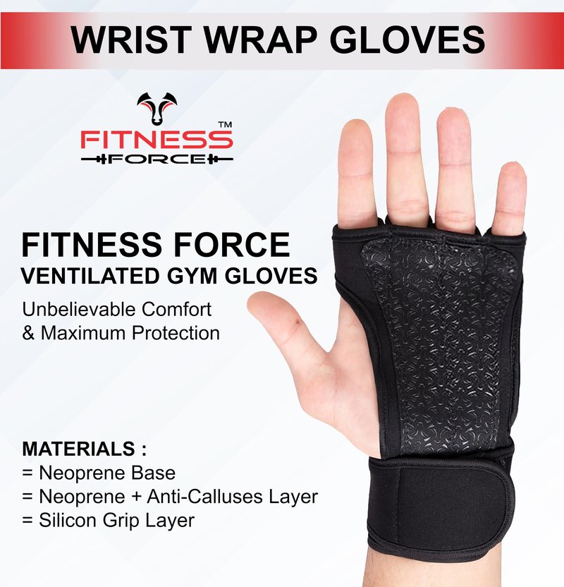 FITNESS FORCE Ventilated Weightlifting Gloves Workout Gloves for Men & Women with Built-in Wrist Wraps Fingerless Gym Gloves for Men Perfect for Exercise Fitness, Weight Lifting (Black, X-Small)