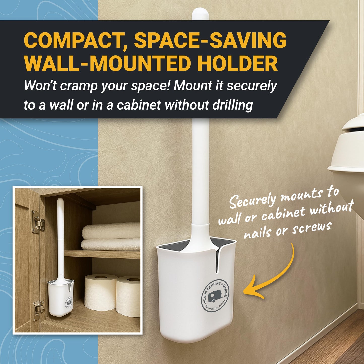 Unique Silicone RV Toilet Brush, Compact, Won't Damage Toilets or Seals, Wall-Mount No-Drip Holder