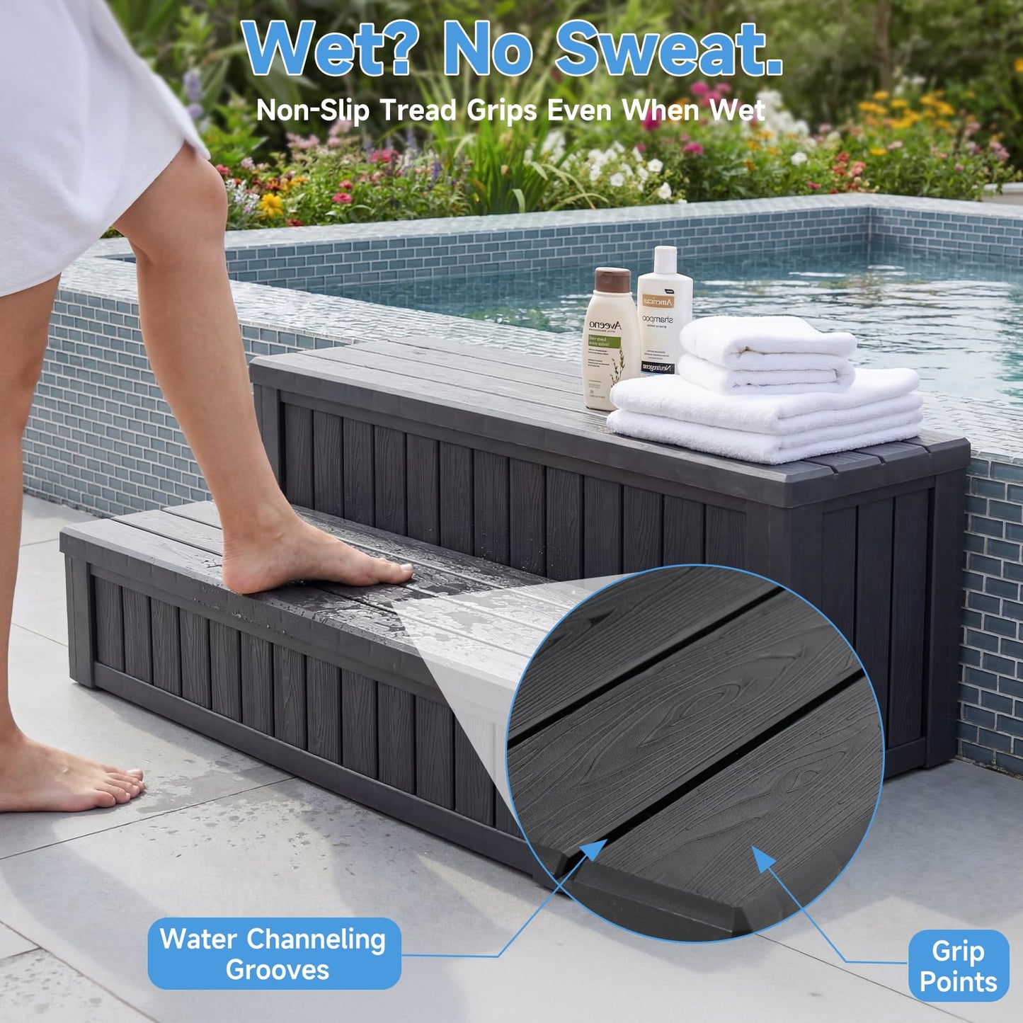 36.6” Hot Tub Steps with Storage, 780 lbs Load Capacity Heavy Duty Outdoor Spa Steps with No-Screw Snap Assembly, Non-Slip Universal Hot Tub Stairs for Spa, Pool, Patio, RV, Porch & Indoor Use, Black