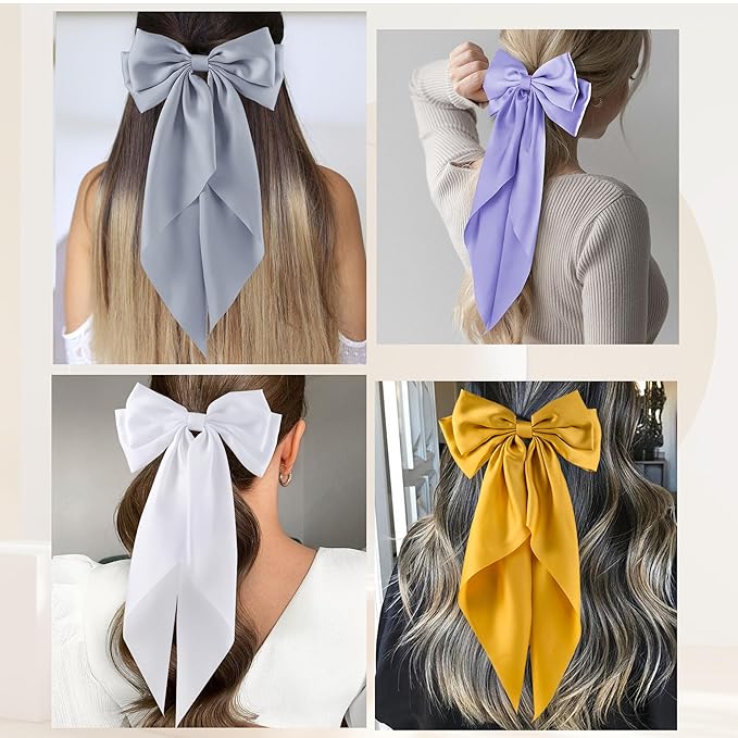 6Pcs Large Bows Hair Clips for Women Girls Long Tail Hair Ribbon Silky Satin Barrettes Coquette Bows Accessories (Beige/Yellow/Pink/Grey/Purple/Green)