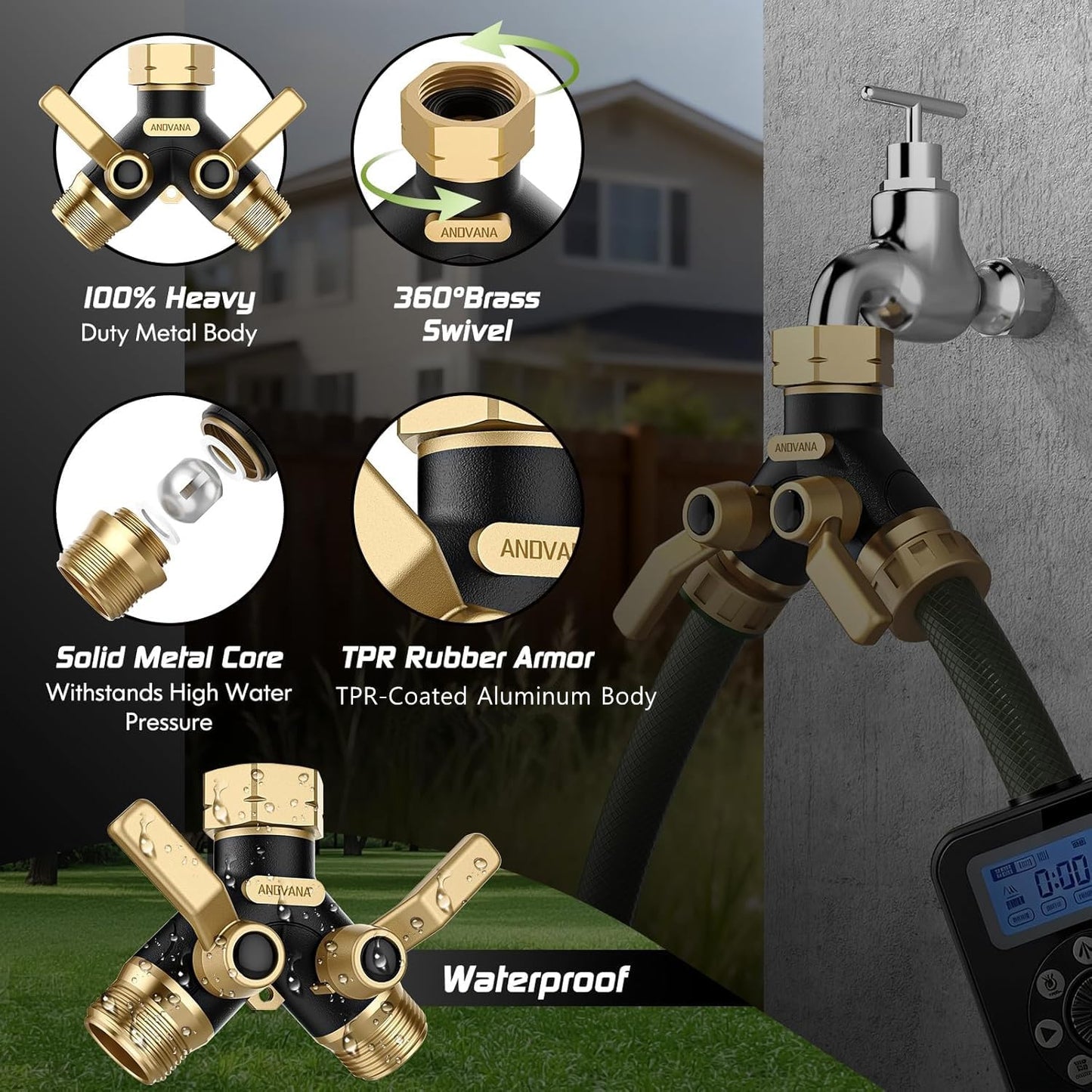 Hose Splitter 2 Way Heavy Duty, Garden Hose Splitter- Full Metal Body Y Type with Dual Shut Off Valves, 3/4" Standard Threads, Leak-Proof Dual Outlet Splitter for Sprinklers and Irrigation Systems