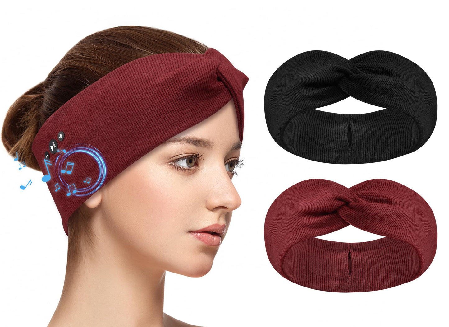 2-Pack Headband Headphones with Thin HD Speakers, Bluetooth Headband for Women, Stylish Knotted Design, Wireless Bluetooth Headphones for Workout, Daily Life, Yoga, Travel, Meditation - Red&Black