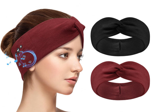2-Pack Headband Headphones with Thin HD Speakers, Bluetooth Headband for Women, Stylish Knotted Design, Wireless Bluetooth Headphones for Workout, Daily Life, Yoga, Travel, Meditation - Red&Black