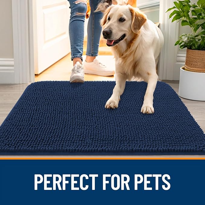 OLANLY Dog Door Mat for Muddy Paws 47x17, Absorbs Moisture and Dirt, Absorbent Non-Slip Washable Doormat, Quick Dry Chenille Mud Mat for Dogs, Entry Indoor Entryway Carpet for Inside Floor, Dark Blue