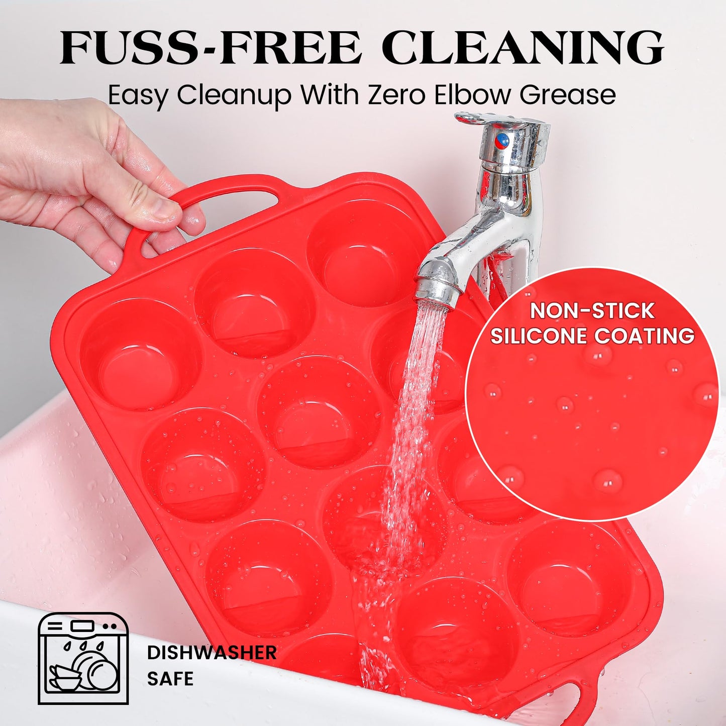 AOTASO 8 Pcs Silicone Muffin Pan Set, 12 Cup Regular & 24 Cup Mini Nonstick Muffin Tray with 6 Pcs Utensils, Silicone Muffin Pan for Baking with Metal Reinforced Frame, BPA Free (Red)