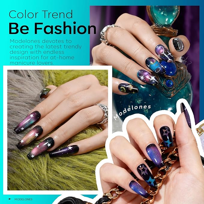 modelones Cat Eye Gel Nail Polish Set, 6 Colors Holographic Colorful Rainbow Glitter 9D Cateye Magnetic Gel Polish Black Purple Blue Green Yellow Coral Pink Nail Polish W Magnet Soak Off LED DIY Gift