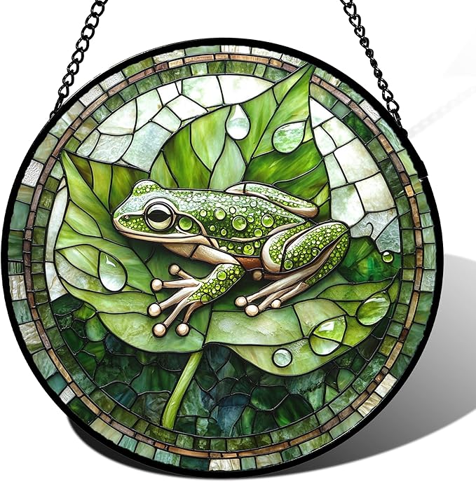 CRISGIF Stained Glass Window Hanging - Cute Frog Suncatcher for Doors Garden Patio Green Leaves Sun Catchers Decor Christmas Mother's Day Birthday Gifts for Women Men Mom Nana Boy Friend 15 in