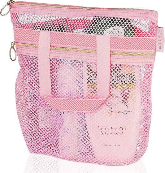 DV Lifestyle Mesh Shower Bag 10.2x9.9'' Quick-Dry Caddy with Zipper & 2 Pockets. Portable Toiletry Tote for Bathroom, Gym, Travel, Camp, Beach, for Sunscreen, Dorm & College Essentials (Pink)