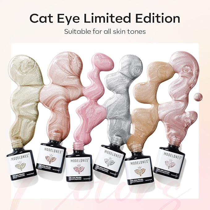 modelones Cat Eye Gel Nail Polish Set, Holographic Glitter 6 Colors with Magnet Sparkle Galaxy Series Nude Pink Gel Polish Soak Off Led Gel Polish Kit Nail Art Gel Manicure Salon DIY Gifts