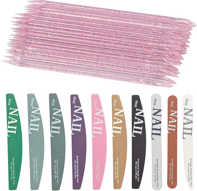 60pcs Nail Care Kit,10pcs Nail Files Different Grit Straight and Half Moon, 50pcs Crystal Nail Care Sticks, Cuticle Manicure and Pedicure Stick for Salon Home (Pink Kits)