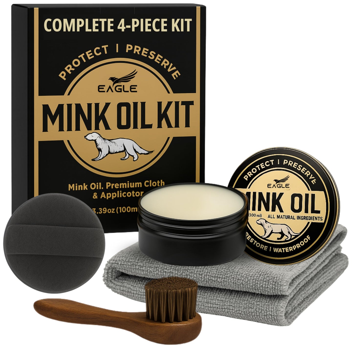 4-in-1 Mink Oil Leather Conditioner Kit – 3.52oz Waterproof Paste with Horsehair Brush, Sponge & Microfiber Cloth – Leather Cleaner & Protector for Boots, Shoes, Jackets, Saddles & Bags