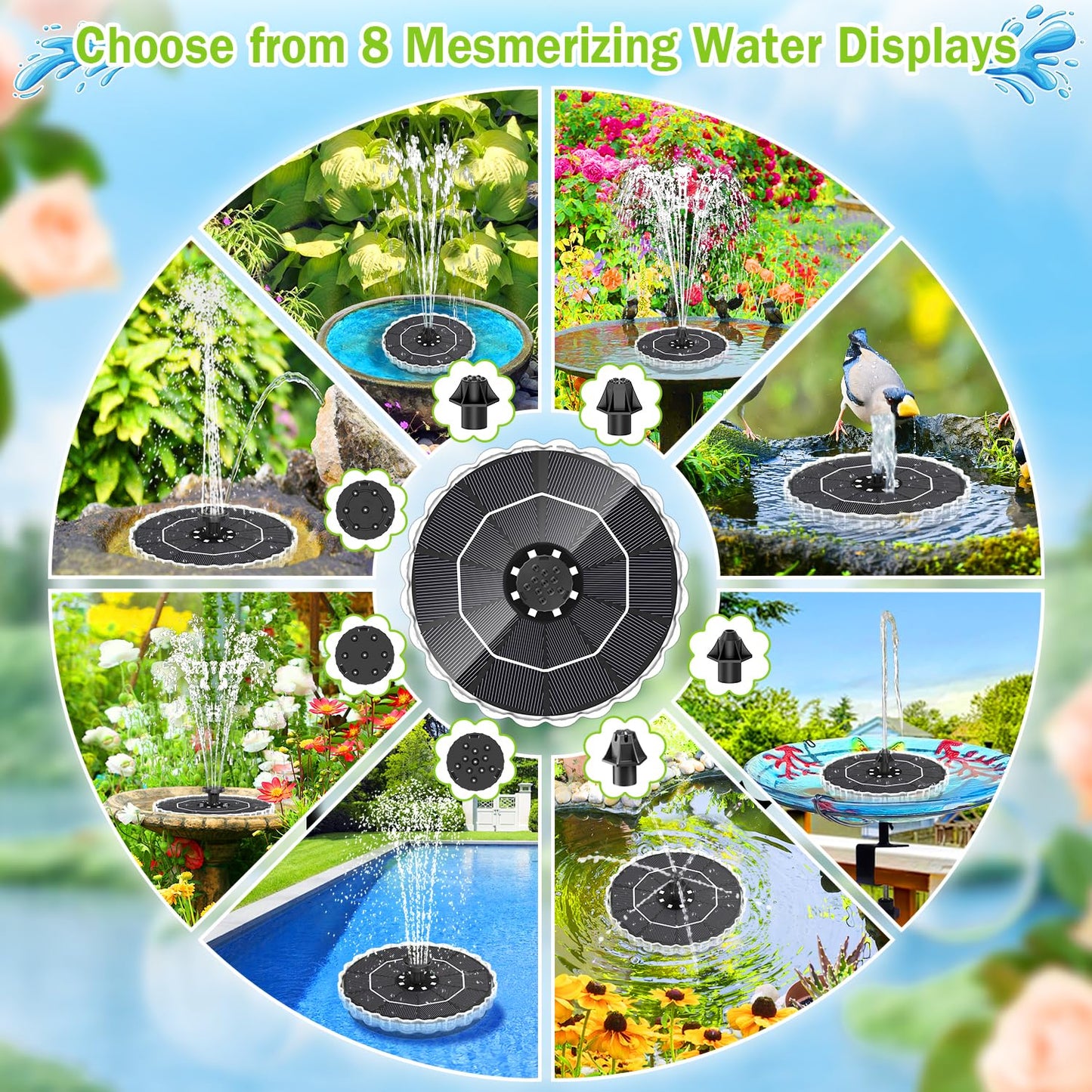 GAIZERL Solar Fountain, 2026 Upgrade 3.5W Solar Bird Bath Fountains with Colorful Ring LED Lights, 2000mAh Battery, 7 Nozzles and 4 Fixers, Solar Water Fountain Pump for Pond, Pool, Patio and Garden