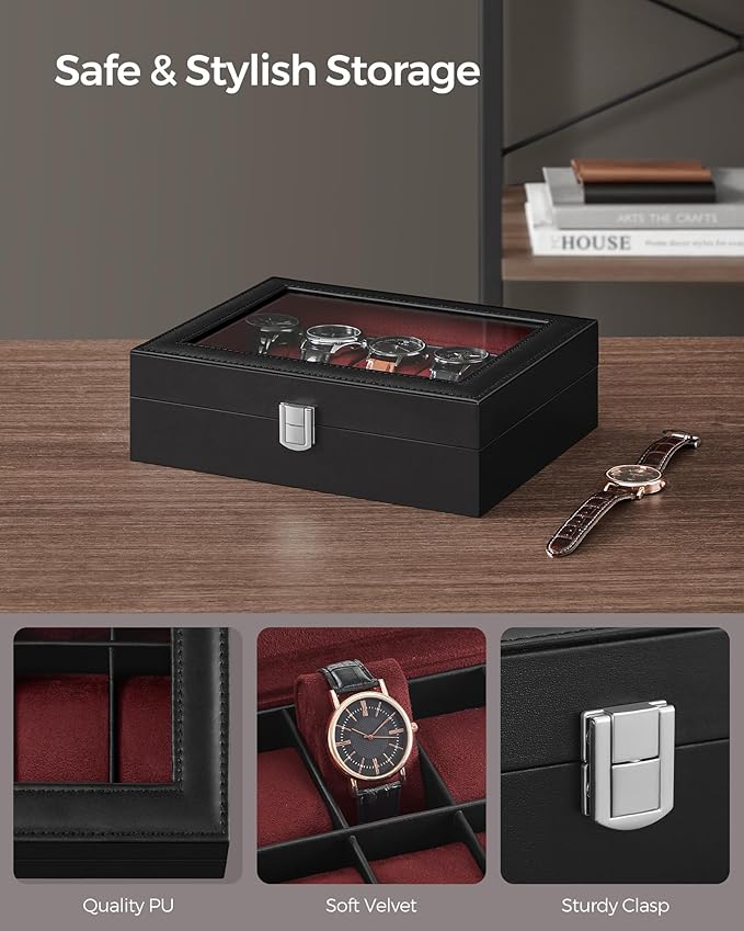 SONGMICS Watch Box, 10-Slot Watch Case Organizer with Large Glass Lid, Removable Pillows, Gift for Loved Ones, Black Synthetic Leather, Wine Red Lining UJWB010R01