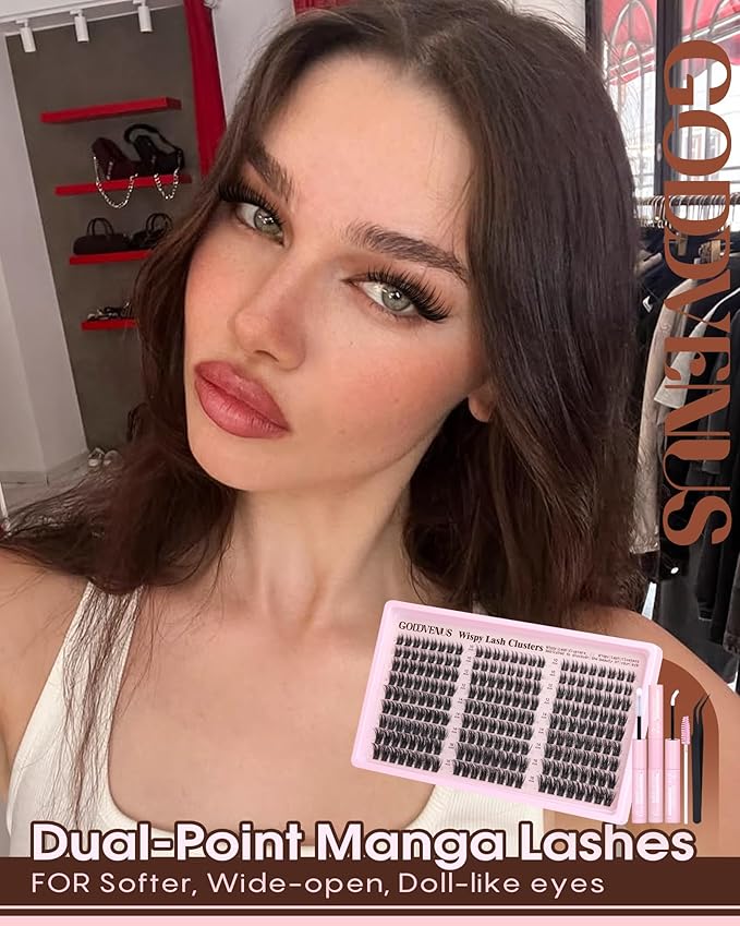 Goddvenus Wispy Manga Lash Clusters Kit Natural Eyelash Clusters Kit Fairy Cluster Eyelash Extensions Anime Individual Lashes C Curl Lash Extension Kit Waterproof DIY Eye Lashes Cluster Glue