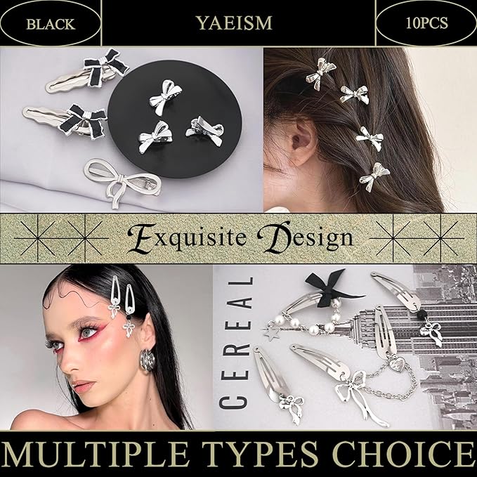 10PCS Silver Hair Clips Black Bow Hair Clips Alloy Y2K Hair Accessories Coquette Hair Bows for Women Girls