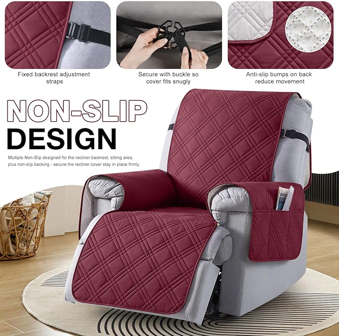 TAOCOCO 100% Waterproof Recliner Chair Cover, Oversized Recliner Covers for Large Recliner Chair with Double Straps, Non Slip Reclining Chair Cover for Kids, Pets(28'', Wine)