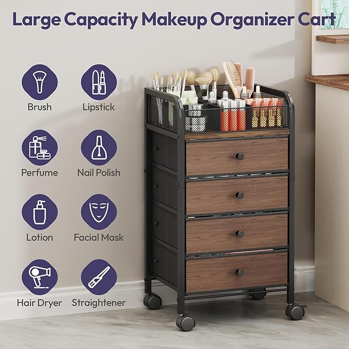 SWTYMIKI Rolling Makeup Organizer Cart - 14.96Ã¢ÂÂ³*11.81Ã¢ÂÂ³*27.55Ã¢ÂÂ³ Widened Under Desk Vanity Storage with 4 Non-woven Drawers, Cosmetic Display Cases for Skin Care Perfume Nail Polish Brush Hair Tool Black