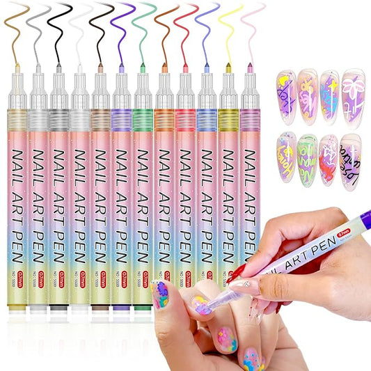 12 Color Nail Art Pens, 3D 0.7 MM Nail Polish Pens Set Drawing Painting Point Liner Acrylic Painted Pen Kit, Waterproof and Quick-drying Nail for DIY Nails Art Design Manicure Tools