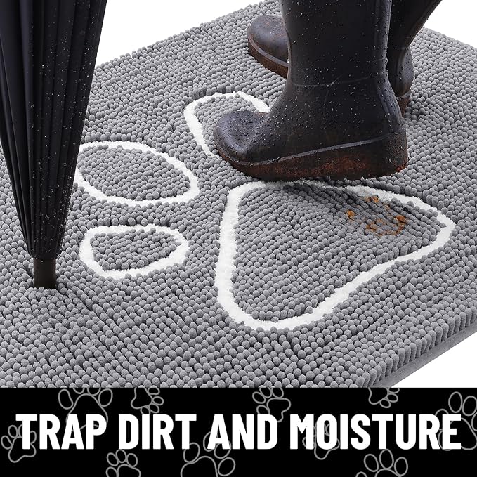 Smiry Dog Door Mat for Muddy Paws, Absorbent Dirt Trapper Non Slip Quick Dry Washable Chenille Mat for Mud Dogs, Entry Rug for Indoor and Outdoor (40x32 Inches, Grey and White)