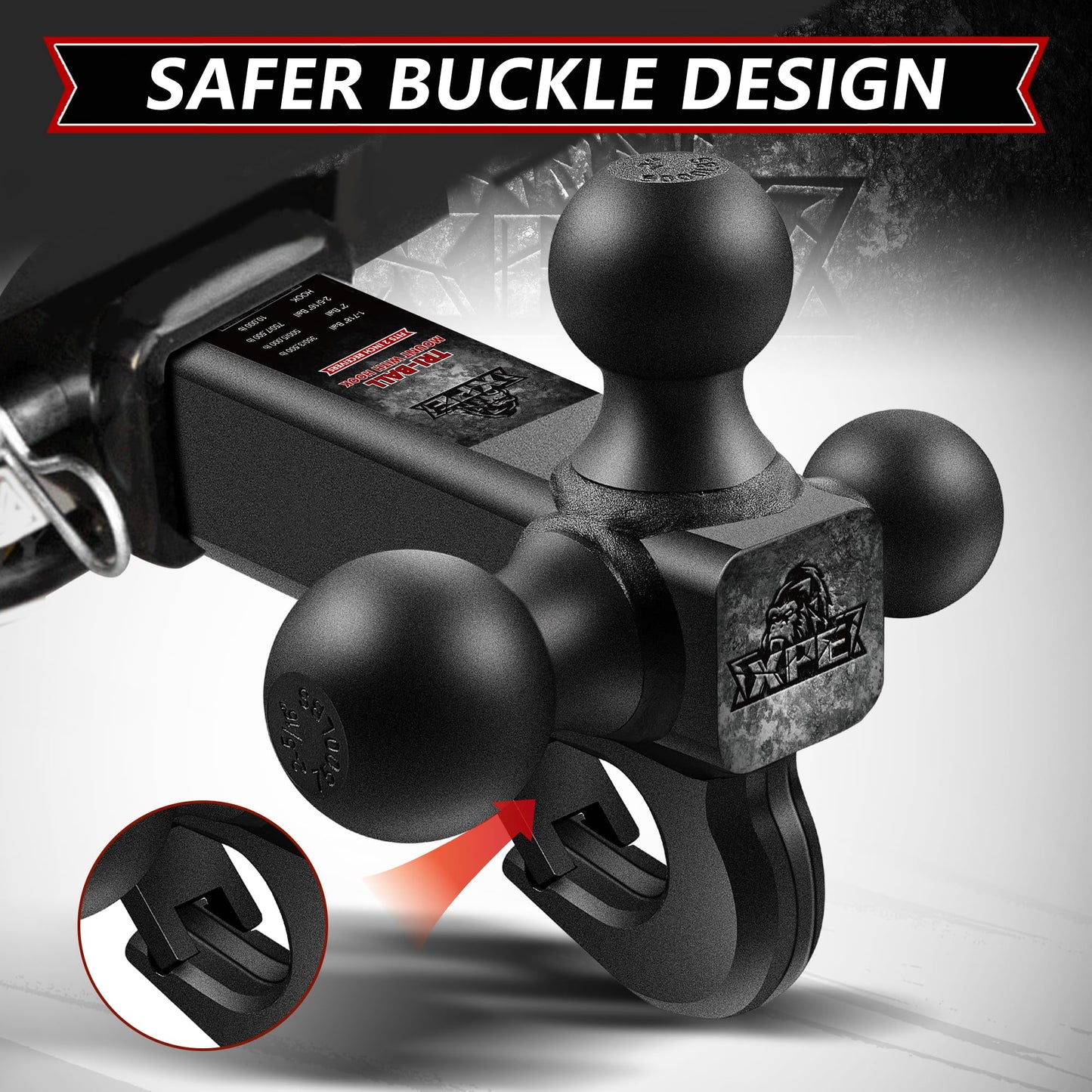 Trailer Hitch Tri Ball Mount with Hook,Fits 2” Hitch Receiver,1-7/8", 2"& 2-5/16"Matt Black Plated Balls ,Secure with Self-Lock Latch, 10,000 LBS GTW,for RV,SUV, ATV and Truck etc