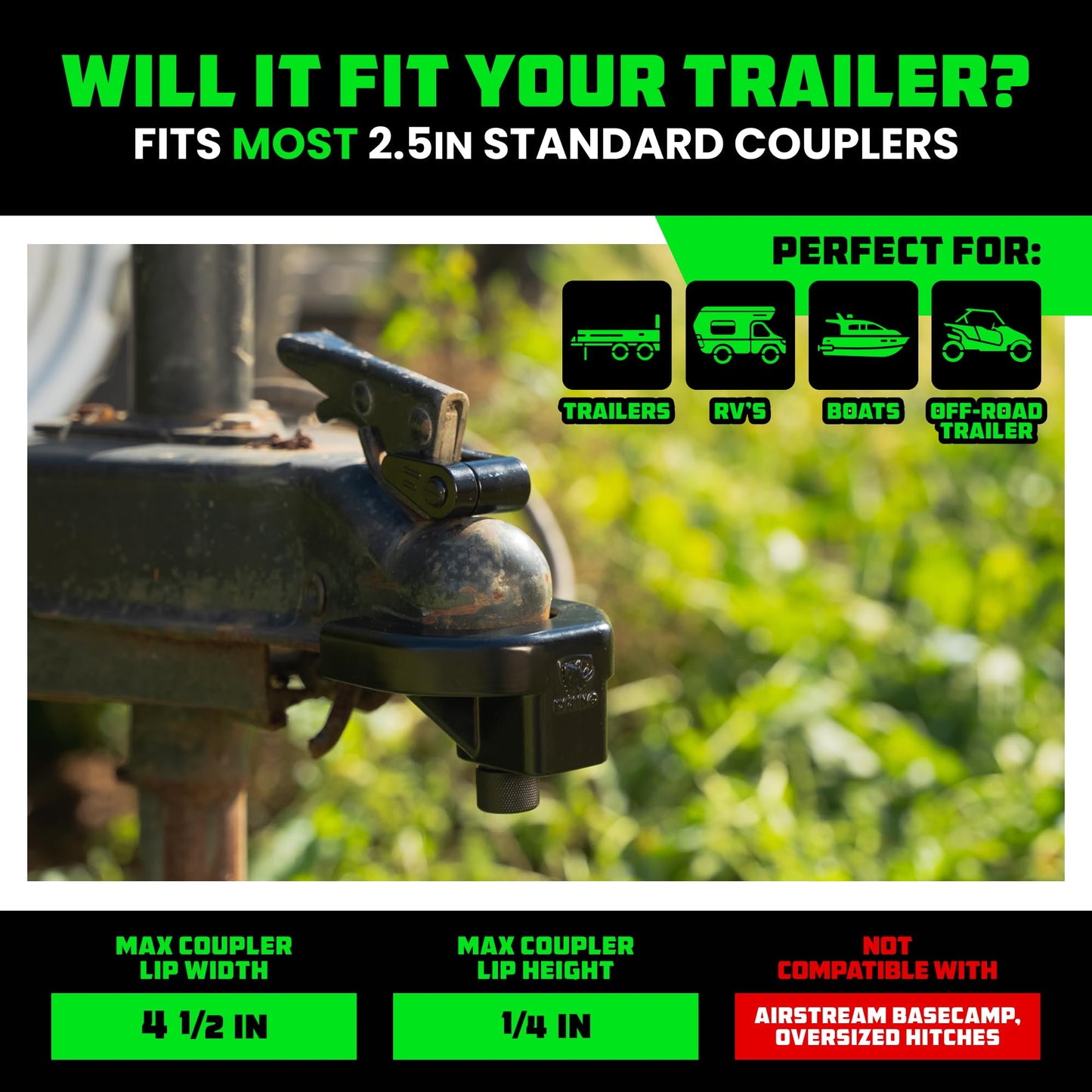 Rhino USA Trailer Hitch Lock Kit (for 2-5/16" Trailers) Heavy Duty Anti Theft Trailer Coupler Locks for RV, Camper, Trailer, Boat, Caravan - Reinforced Solid Steel Tow Lock for Trailer Tongue