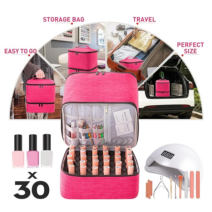 Travel Nail Polish Organizer, Holds 30 Bottles (15ml), Double-layer Nail Polish Carrying Case, Large Capacity Portable Storage Bag for Nail Varnish and Manicure Set