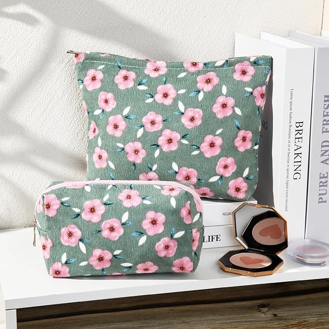 SOIDRAM 2 Pieces Sakura Makeup Bag Large Cosmetic Bag Capacity Canvas Mix Travel Toiletry Bag Organizer Cute Makeup Brushes Aesthetic Accessories Storage Bag for Women, Sakura Mix Green