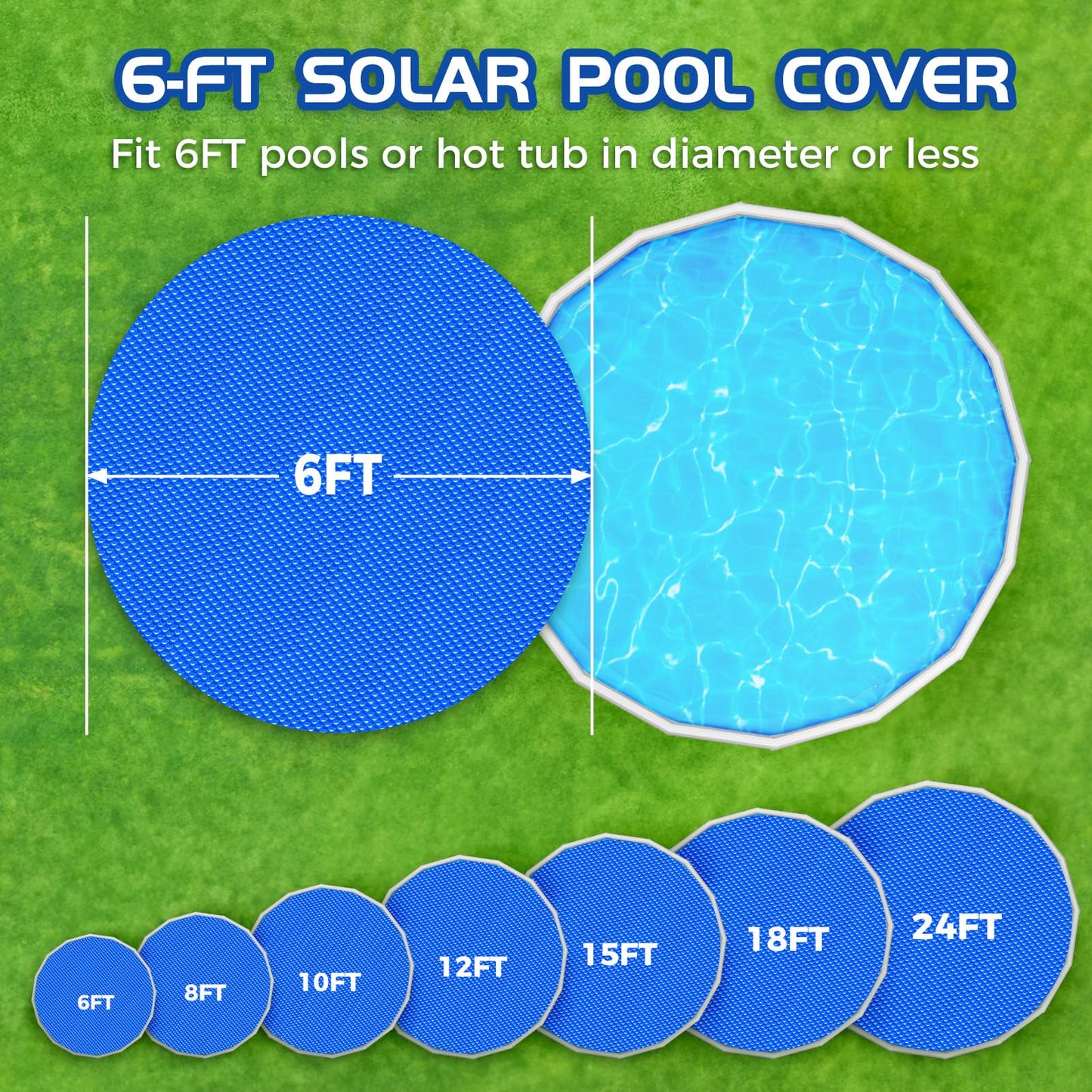 Evoio Solar Pool Cover 6 ft Round for Above Ground Inground Pools Bubble Wrap Covers for Hot Tub Spa Thermal Heating, 12 Mil Circle Blue Floating Blanket for 6-24 Foot Feet Diameter Swimming Pools