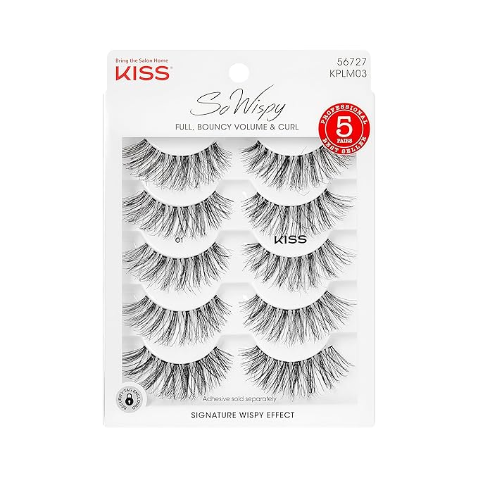 Kiss Looks So Natural, So Wispy False Eyelashes, 5 Pairs, 14mm, Reusable Thin Band Strip Lashes for Bouncy Volume & Curl, Lightweight, Easy-to-Apply Crisscross Pattern for Seamless Natural Look