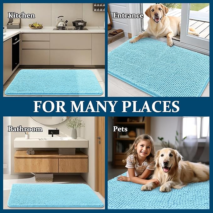 OLANLY Dog Door Mat for Muddy Paws 34x21, Absorbs Moisture and Dirt, Absorbent Non-Slip Washable Doormat, Quick Dry Chenille Mud Mat for Dogs, Entry Indoor Entryway Carpet for Inside Floor, Blue