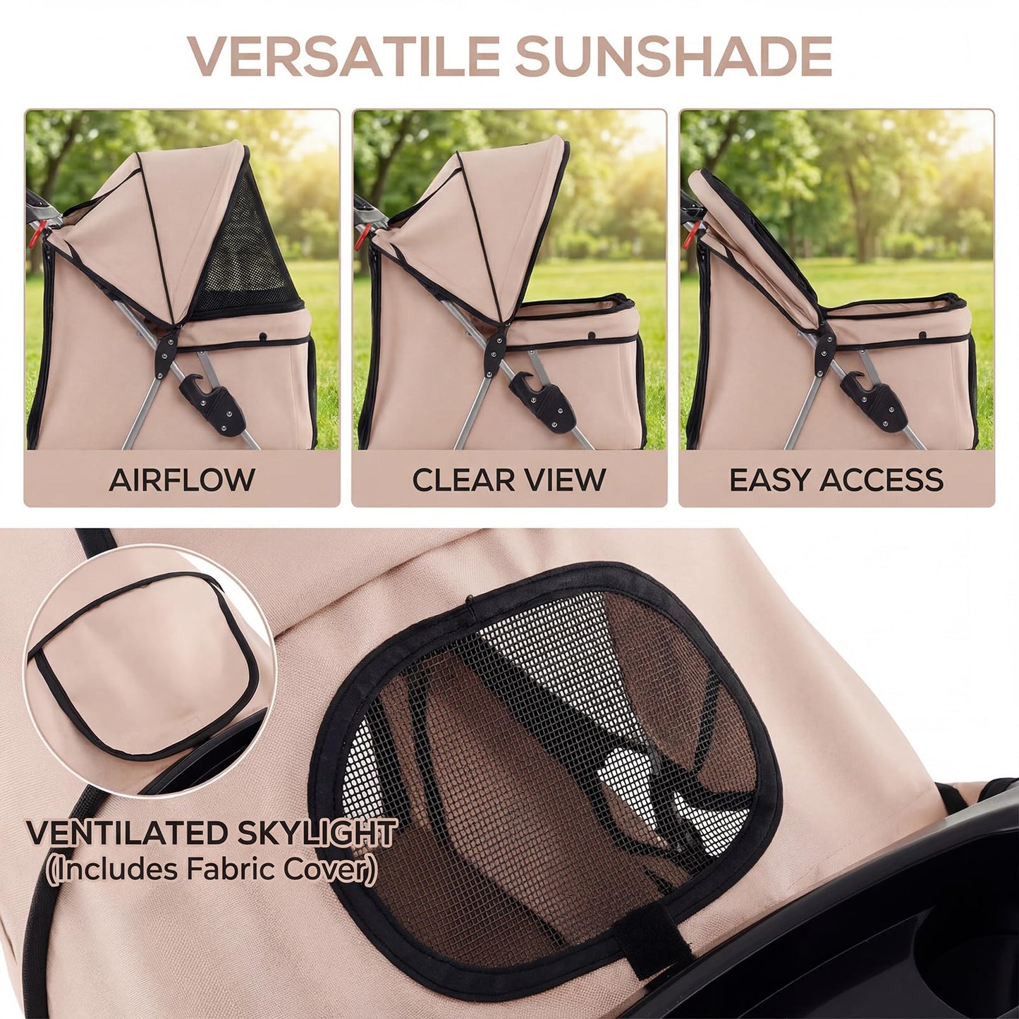 Giantex Foldable Pet Stroller for Small Dogs & Cats, Lightweight Dog Stroller with Lockable Wheels, One-Hand Quick Fold, Adjustable Canopy, Safety Leash & Storage Basket, Pet Travel Stroller, Beige