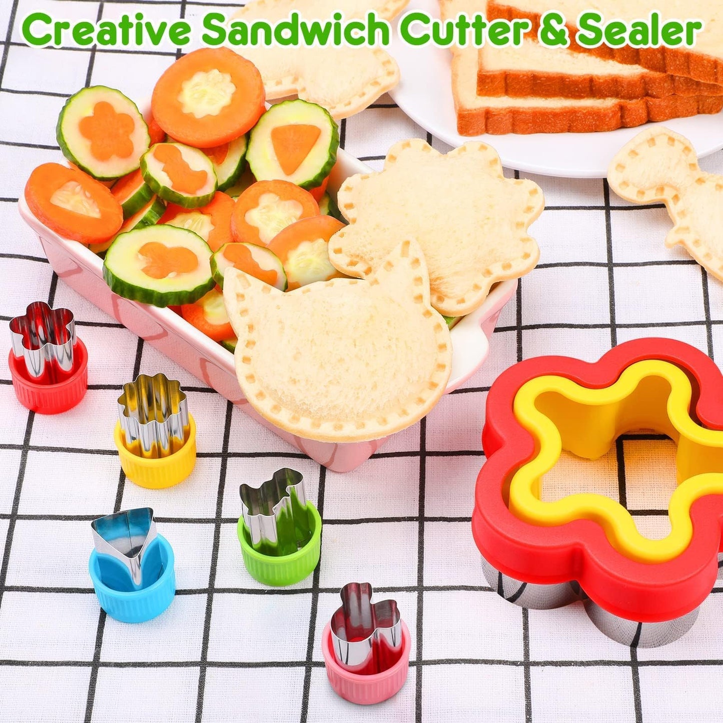 12 Pack Sandwich Cutter and Sealer Set Crustable Bread Decruster DIY Cookie Stamps Mold Vegetable Fruit Cutters Shapes for Kids Back to School Bento Box Accessories