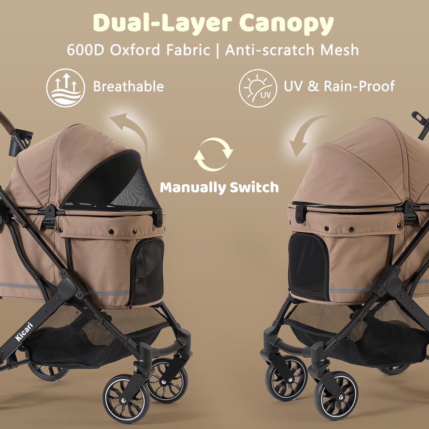 Kicari All-Terrain Dog Stroller for Small to Medium Dogs, Pet Stroller for Dogs & Cats Outdoor Walks, One-Hand Easy Fold, Double-Layer Anti-UV & Waterproof Canopy & Breathable Mesh, Mocha Brown