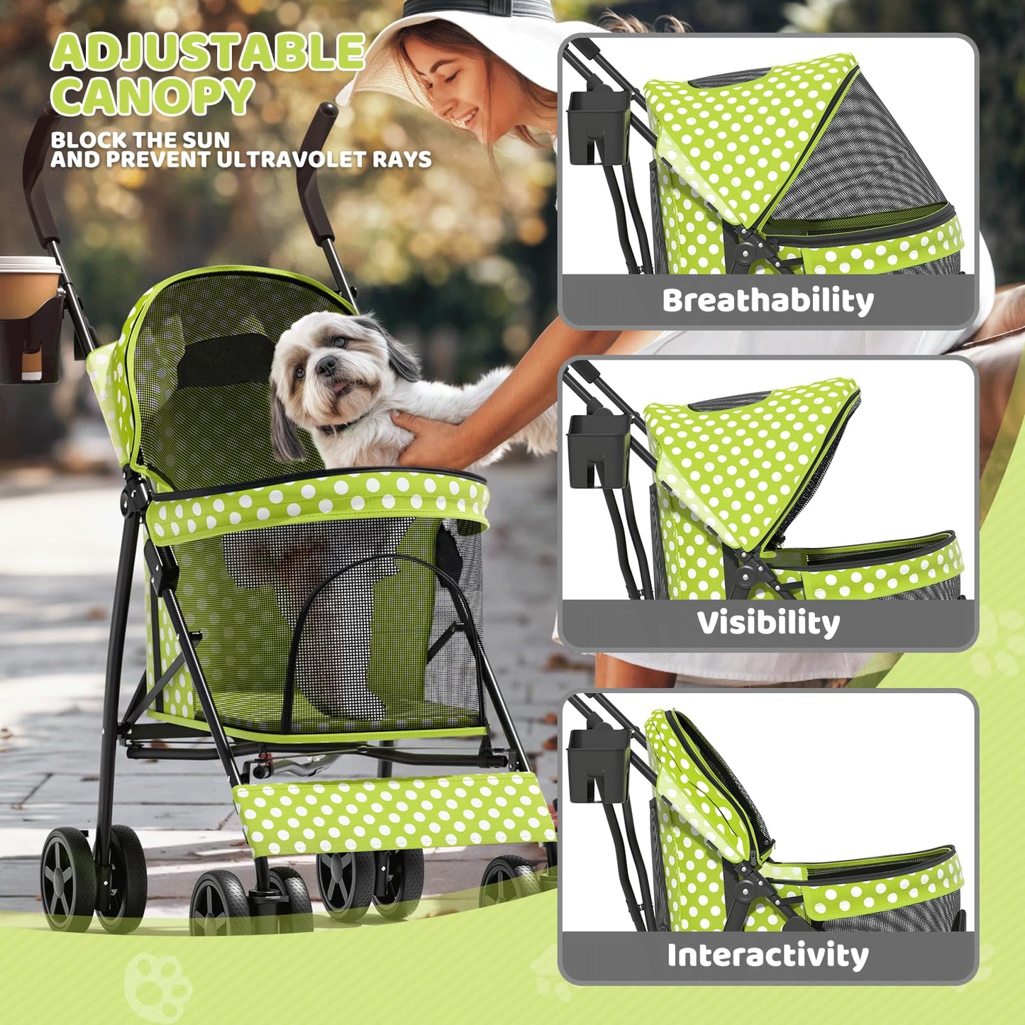 Magshion Compact Pet Stroller for Small-Medium Dogs/Cats up to 22lbs, 4-Wheel Lightweight Umbrella Shaped Portable Puppy Travel Jogger with Breathable Mesh, Cup Holder & Rear Storage, Lawn Green