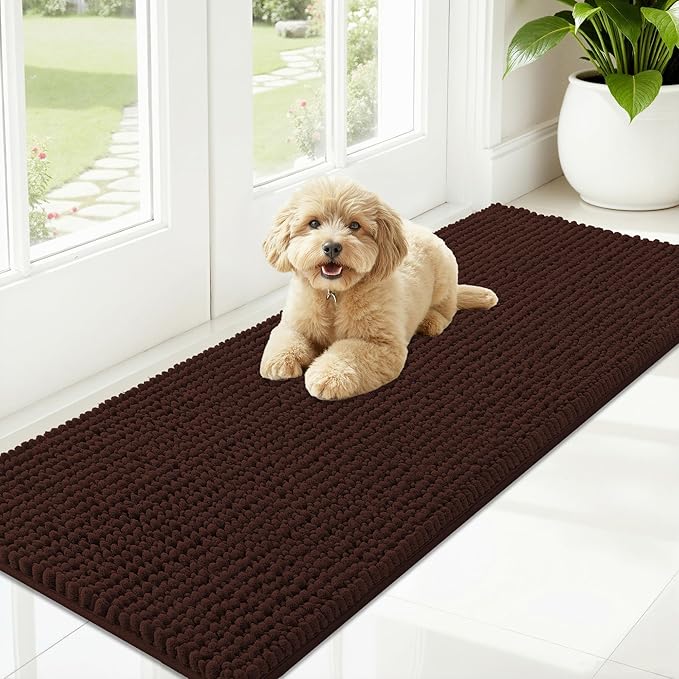 OLANLY Dog Door Mat for Muddy Paws 59x20, Ultra Absorbent Chenille Mud Doormat, Non-Slip Washable and Dirt Trapping Doormat for Indoor Entryway, Quick-Dry Indoor Pet Bed Mats for Dogs, Brown
