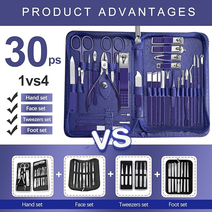 Manicure Set 30 in 1 Nail Clippers Set,Nail Manicure Kit for Women,RedFlow Toenail Clippers,Pedicure Kit,Pedicure Tools,Suitable for Travel Manicure Tools (Navy Blue)