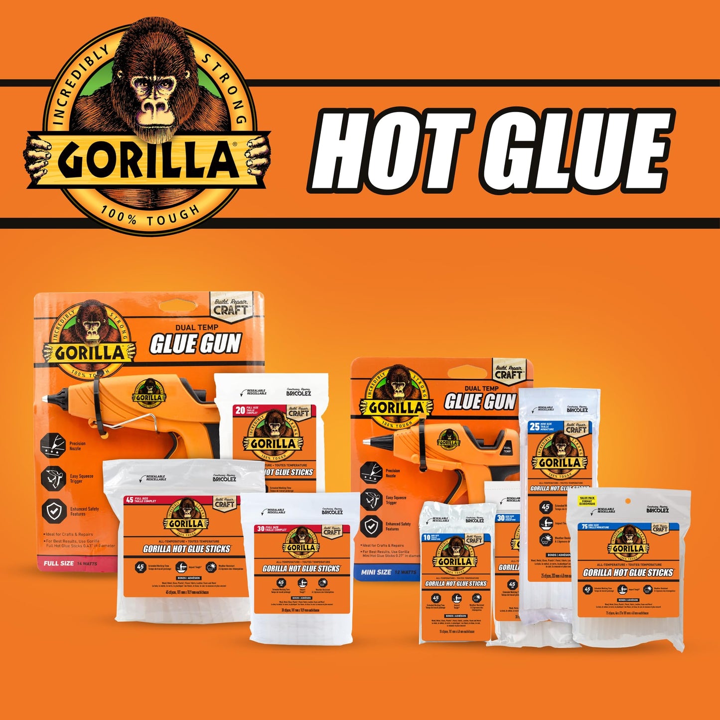 Gorilla Hot Glue Gun Kit (Pack of 1 Full Size Hot Glue Gun and 45 Sticks) - Dual Temp, Precision Nozzle, and Easy Squeeze Trigger