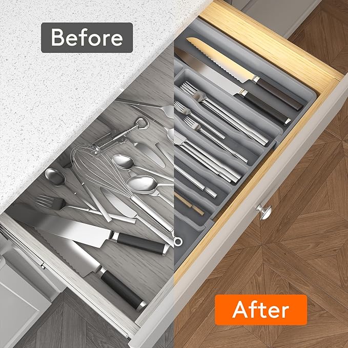 Lifewit Silverware Drawer Organizer, Expandable Utensil Tray for Kitchen, BPA Free Flatware and Cutlery Holder, Adjustable Plastic Storage for Spoons Forks Knives, 33 -57 x 42cm, Gray