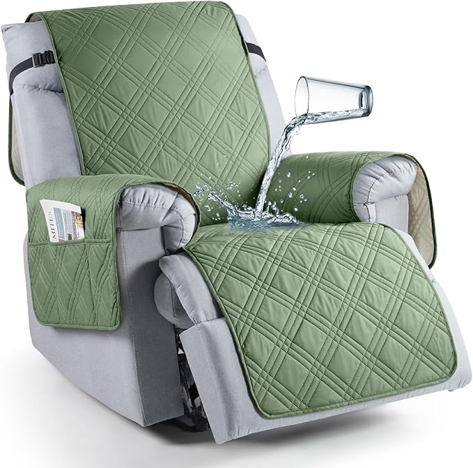 TAOCOCO 100% Waterproof Recliner Chair Cover Stay in Place, Recliner Covers for Small Recliner Chair with Pocket, Reclining Chair Cover Furniture Protector for Kids, Pets(20'', Bean Green)