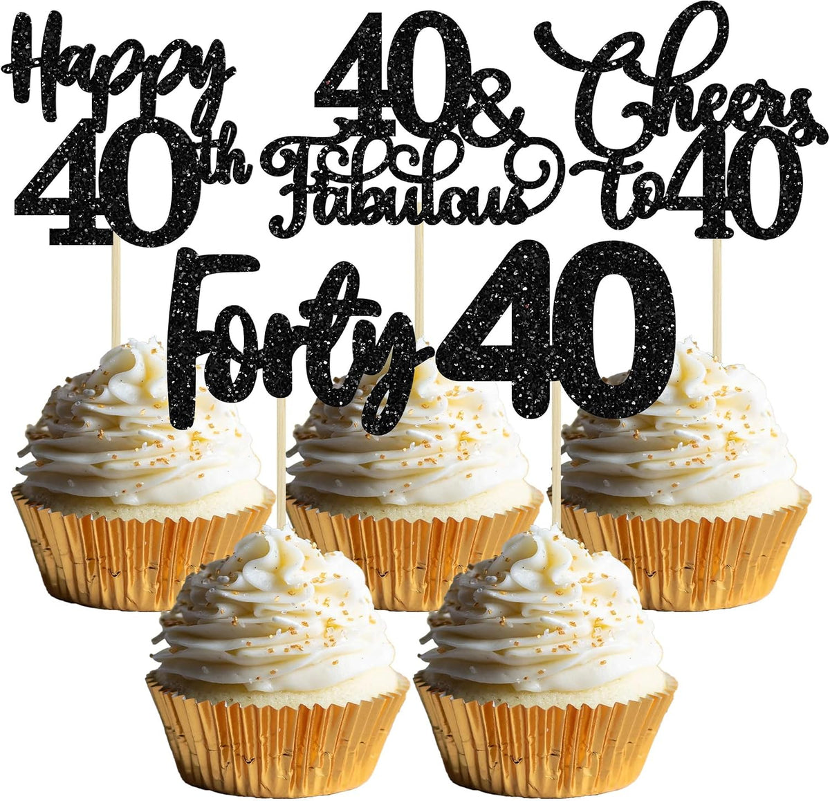 30 Pack Happy 40th Birthday Cupcake Toppers - Black Glitter Forty Cheers to 40 Years Old Cupcake Picks for Anniversary Party Cake Decorations