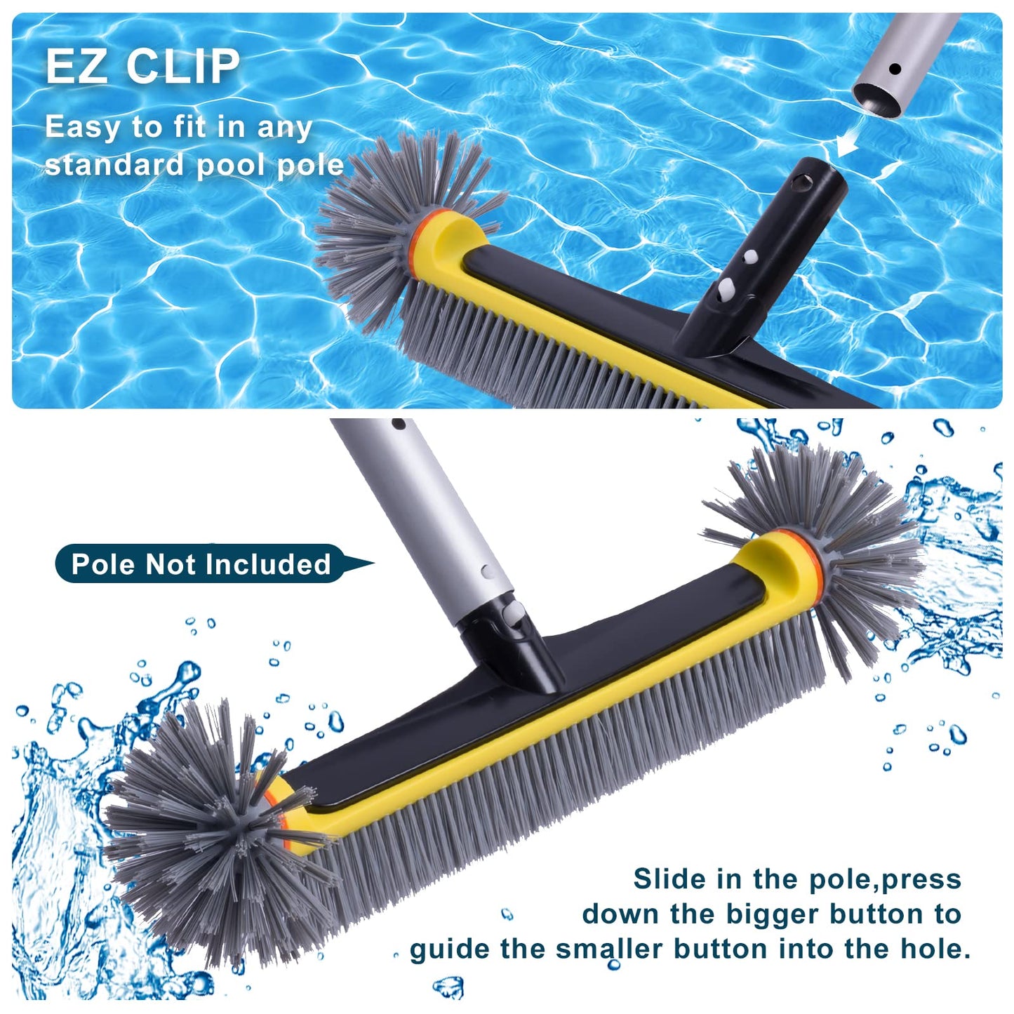 POOLAZA Pool Brush Head with Round Ends, Heavy Duty Pool Brushes for Cleaning Pool Walls, Floors Steps & Corners, 17.5" Pool Brush with Sturdy Aluminum Handle & Durable Nylon Bristles (Yellow)