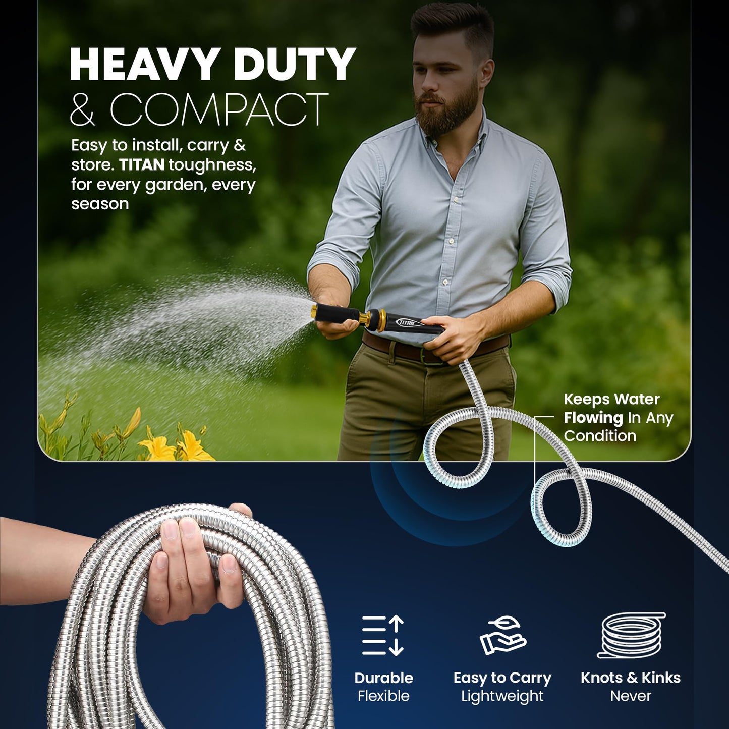 TITAN Garden Hose 100FT - 304 Stainless Steel Metal Water Hose, Flexible, Kink-Free, Lightweight, Durable, Crush Resistant Fittings, Easy to Coil, 500 PSI
