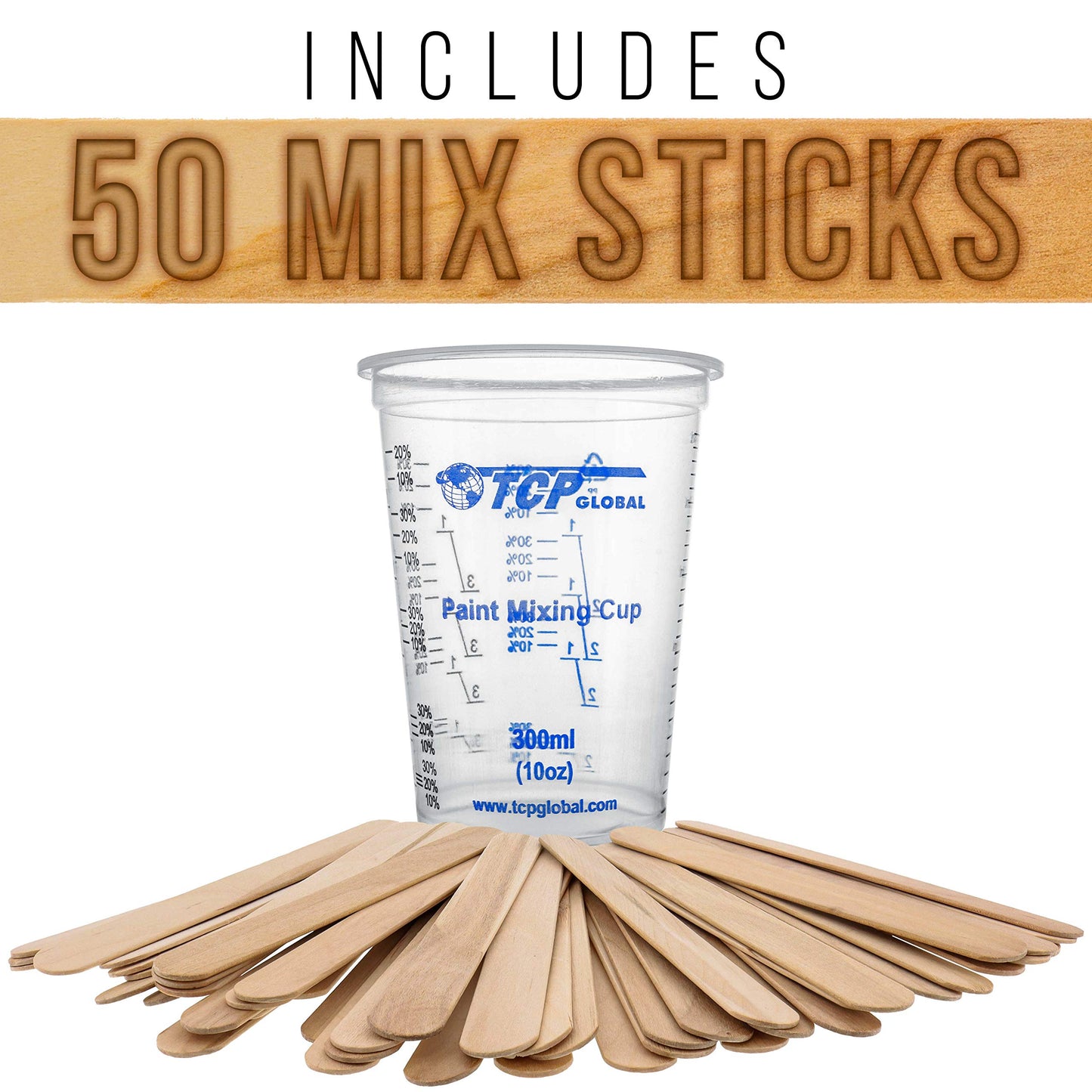 TCP Global 10 oz. (300ml) Graduated Plastic Mixing Cups - Box of 50 with 50 Mixing Sticks - Disposable Plastic Measuring Cups for Liquids, Paints, Resin, Epoxy, Art, Kitchen - Ratios 2-1, 3-1, 4-1 ML