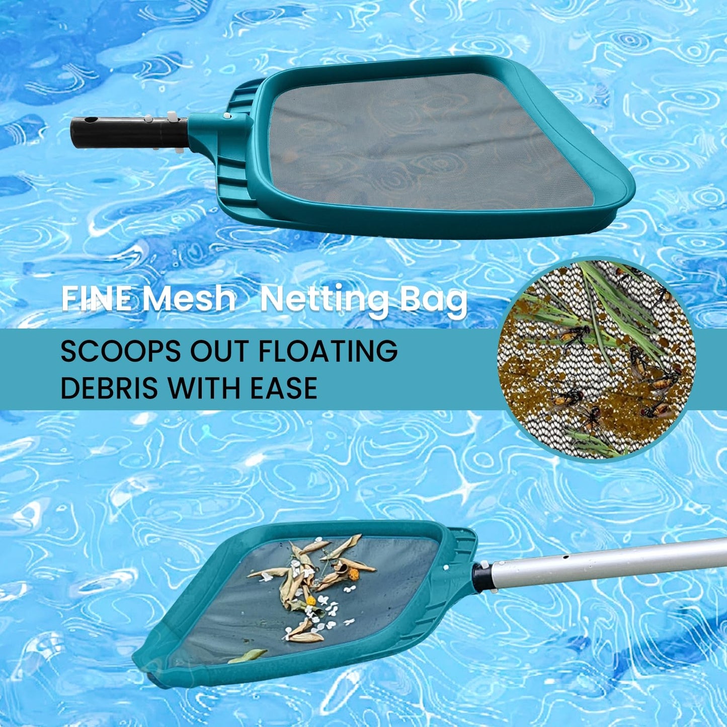 Economy Swimming Pool Cleaning Kit - Fine Mesh Deep Pool Rake & Leaf Skimmer Net, Rotatable Pool Brush Head for Cleaning Above Ground & Inground Pools (No Pole)