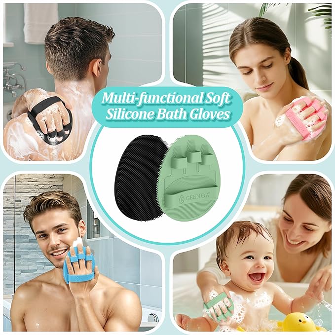 Silicone Back/Body/Face Scrubber & Soft Bath Glove Set 4PCS, Gentle Exfoliating Back & Body Scrubber with Dual-Side Brush Head, Hand-fit Bath Glove & Face Scrubber for Deep Cleaning(Green-4PC)