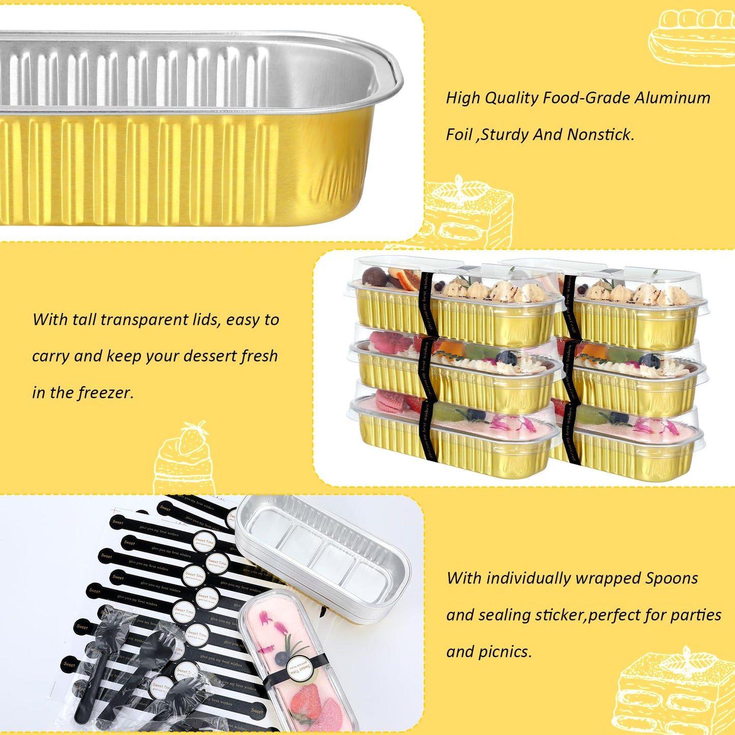EgticHome Mini Loaf Pans with Lids and Spoons (100 Pack, Gold, 6.8oz) Rectangular Aluminum Foil Baking Pans
