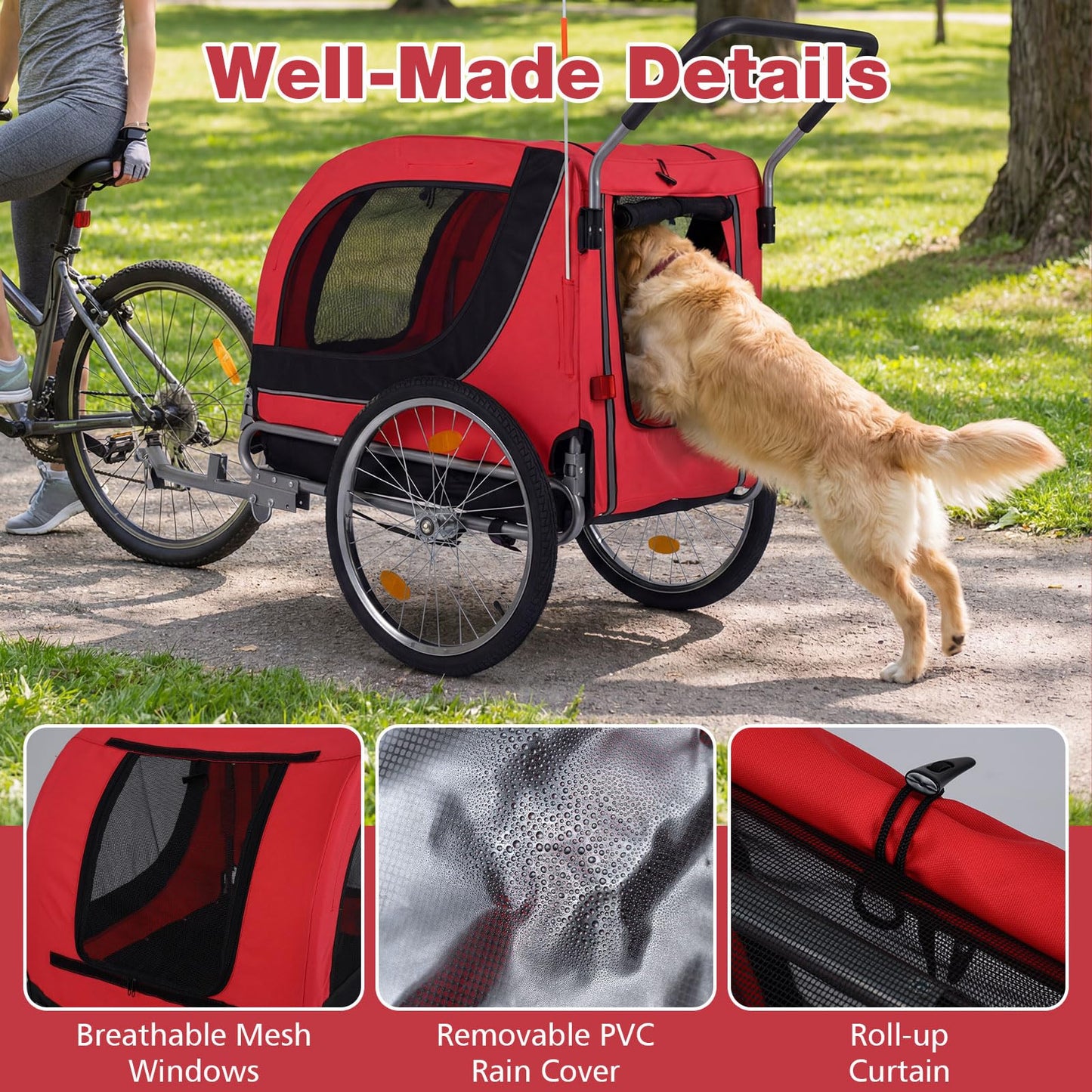 Giantex 2-in-1 Dog Bike Trailer & Pet Stroller for Large Dogs – Foldable Pet Carrier Cart with Front Caster & 2 Air-Filled Tires, Breathable Mesh, PVC Rain Cover, 176 lbs Capacity (Red)